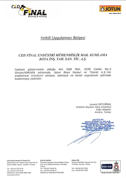 Jotun Yetkili Uygulamacı Belgesi belge taraması